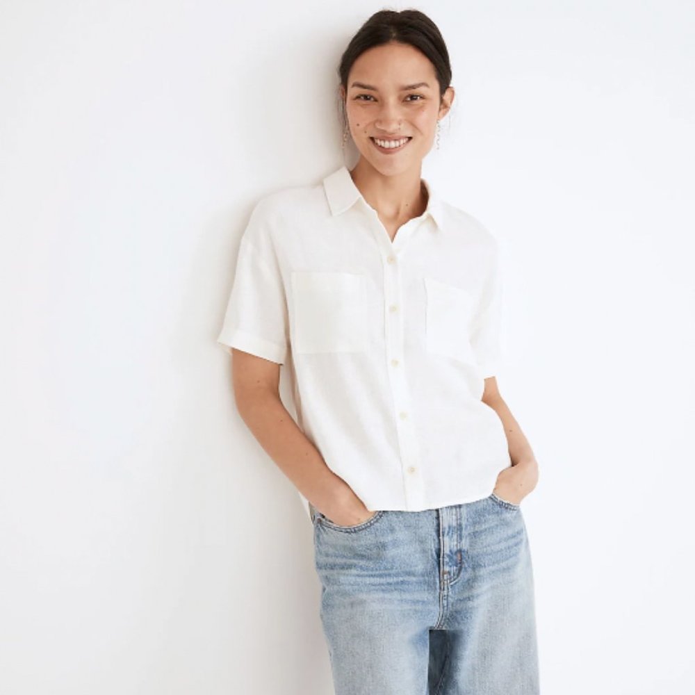 Madewell White Woven Cropped Button Down